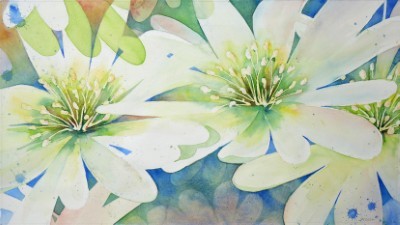 Aquarellbild eines Clematis in kontrastreichen Blautönen